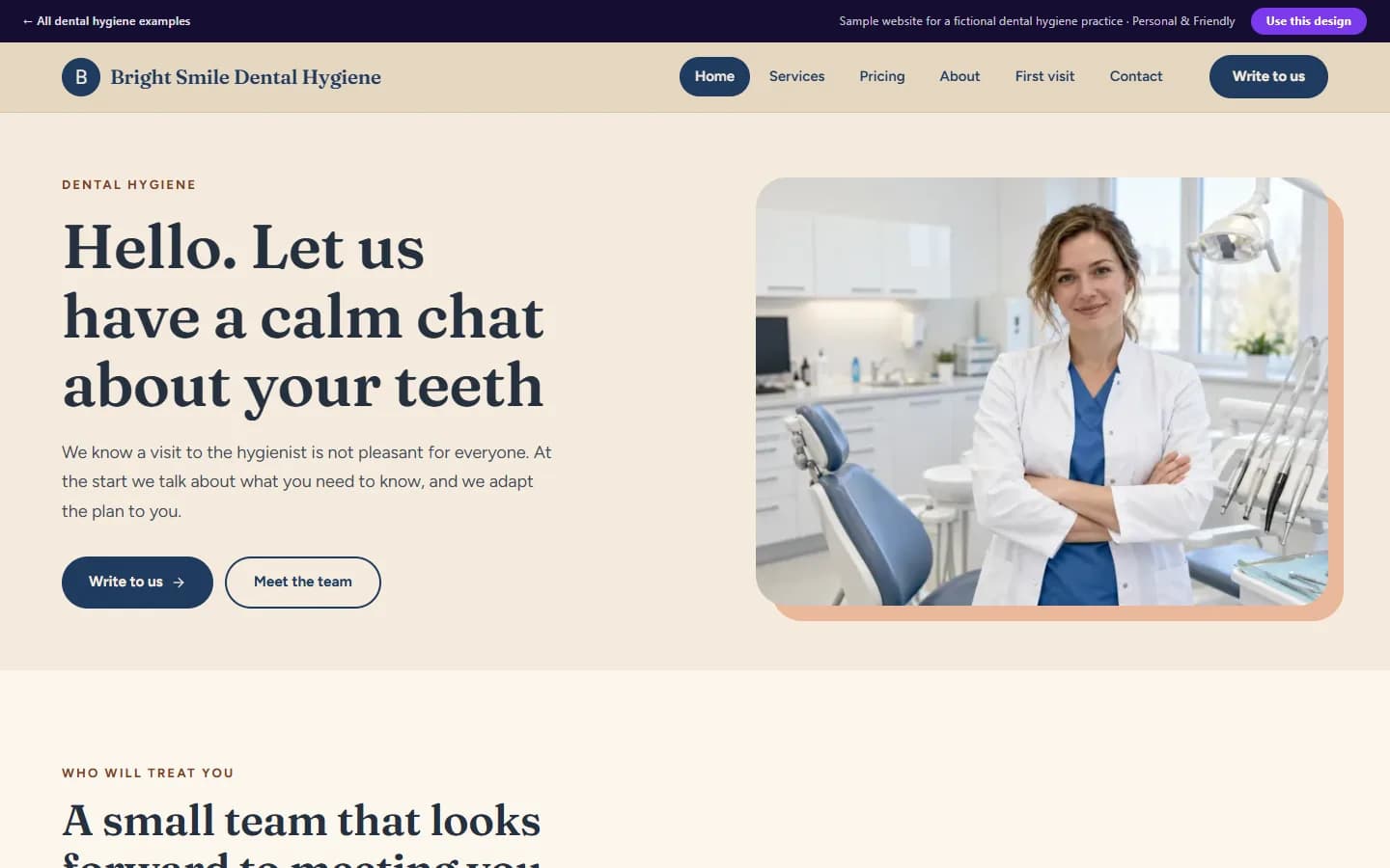 Preview of the dental hygiene sample website, Personal & Friendly design