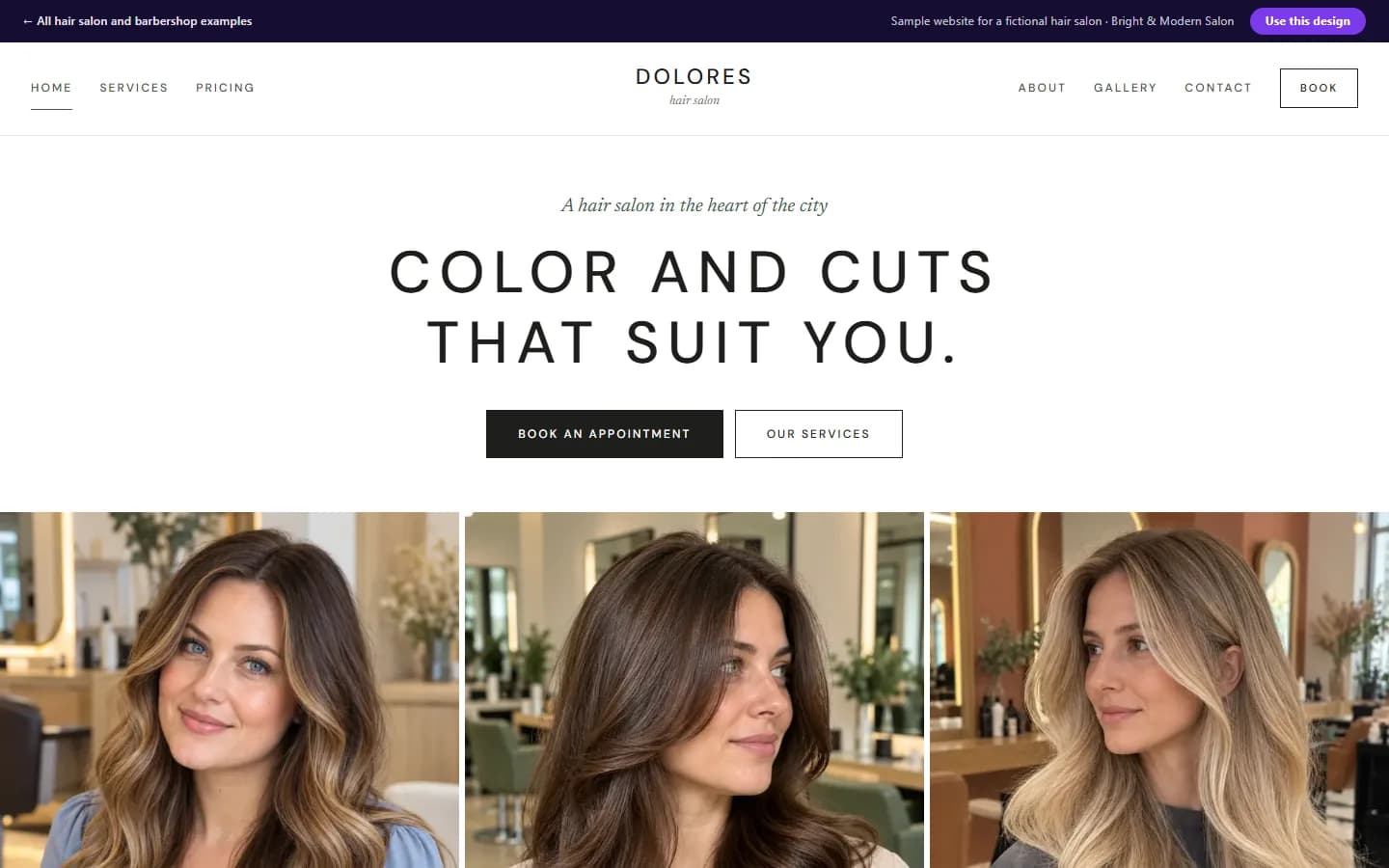 Preview of the hair salon sample website, Bright & Modern Salon design