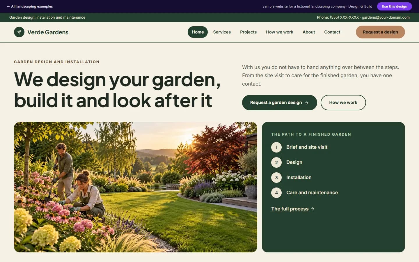 Preview of the landscaping sample website, Design & Build design