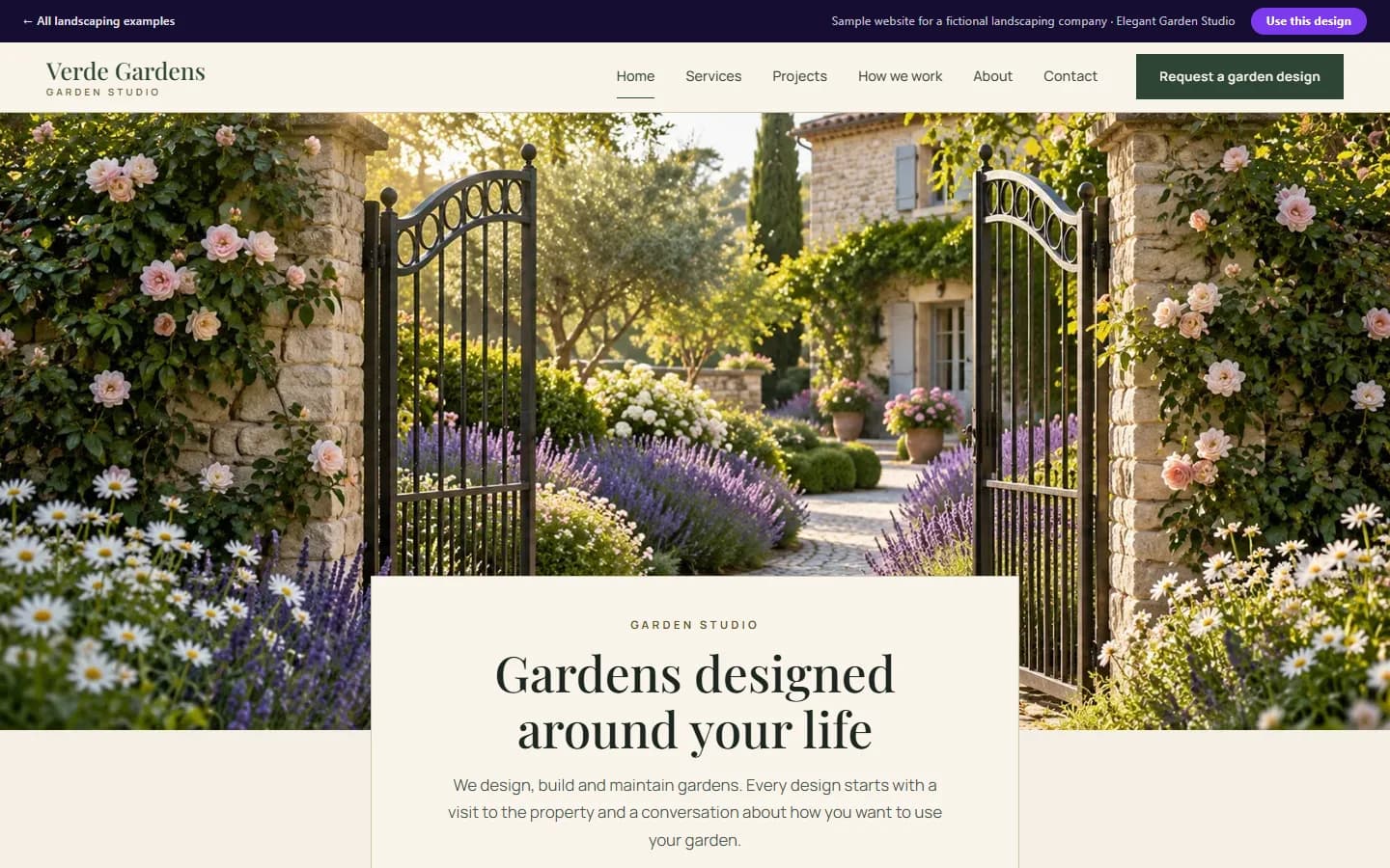 Preview of the landscaping sample website, Elegant Garden Studio design