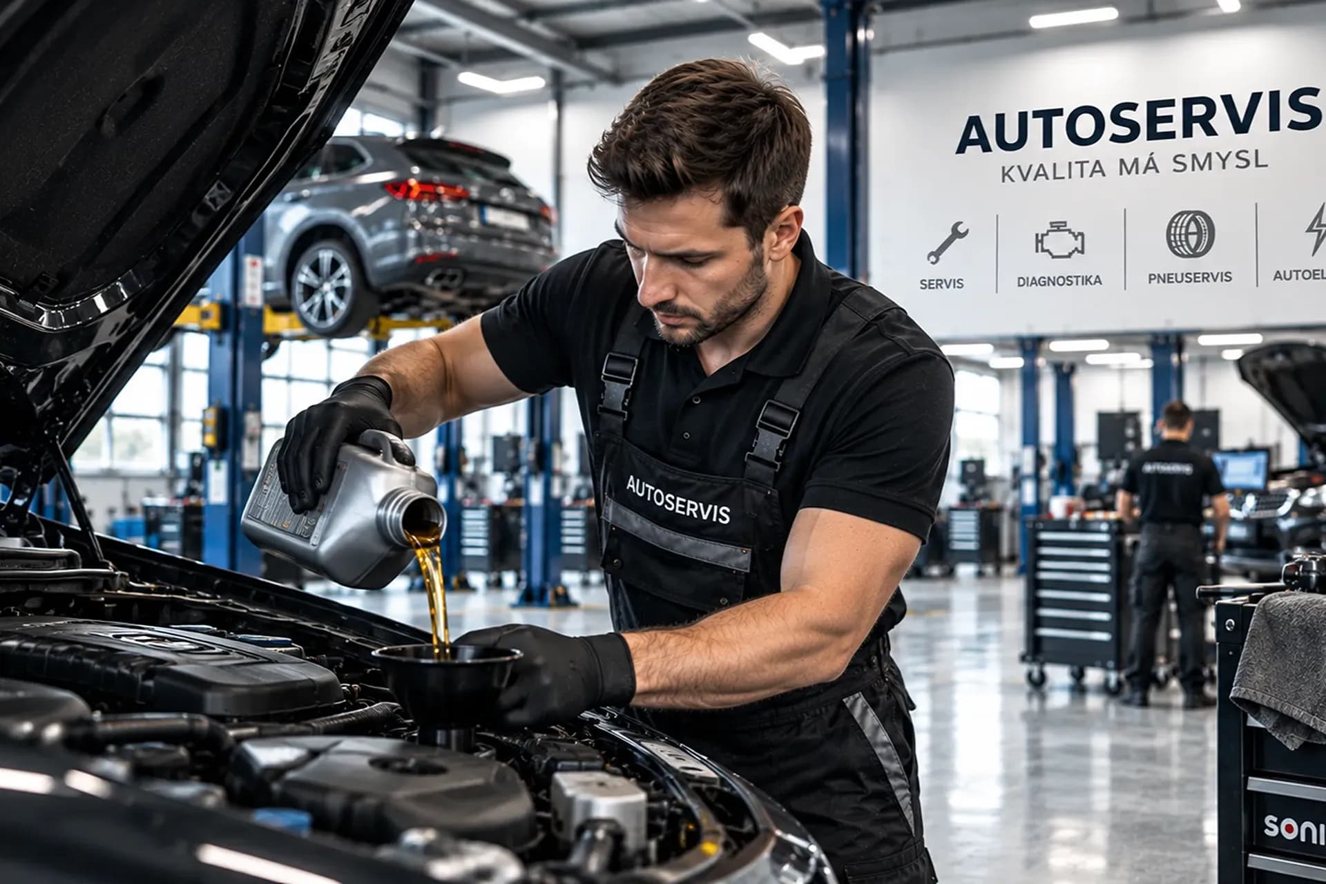 A mechanic adding engine oil