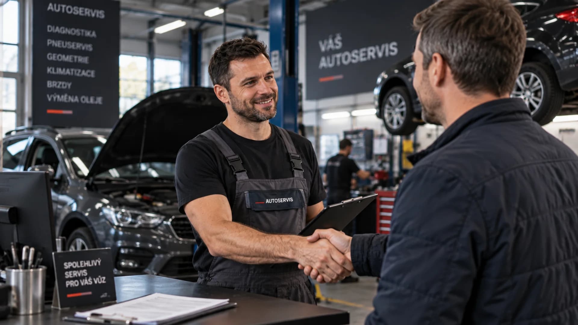 A mechanic shaking hands with a customer next to a repaired car