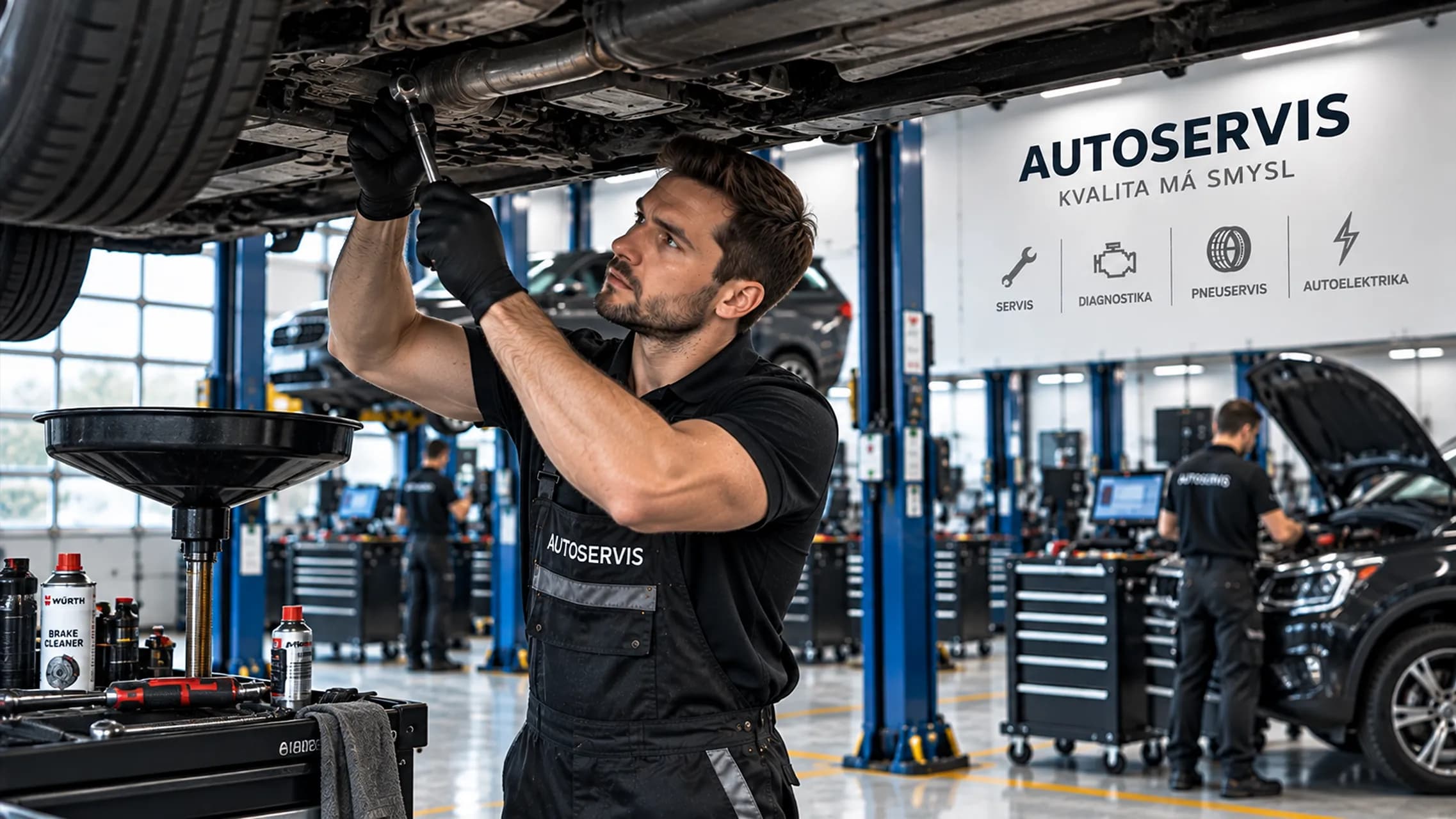 A mechanic working under a raised car