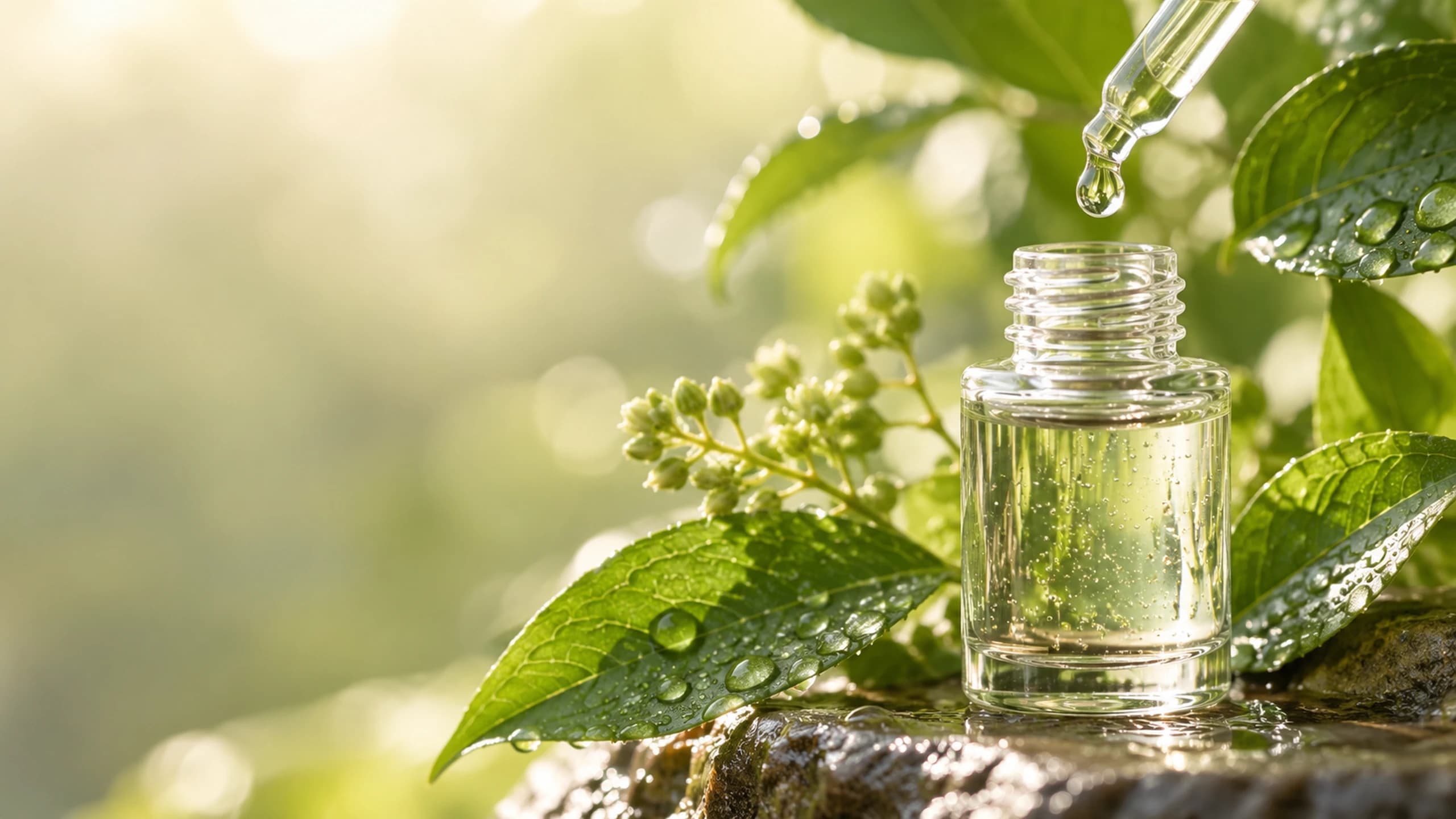 A glass serum bottle with a dropper among green leaves