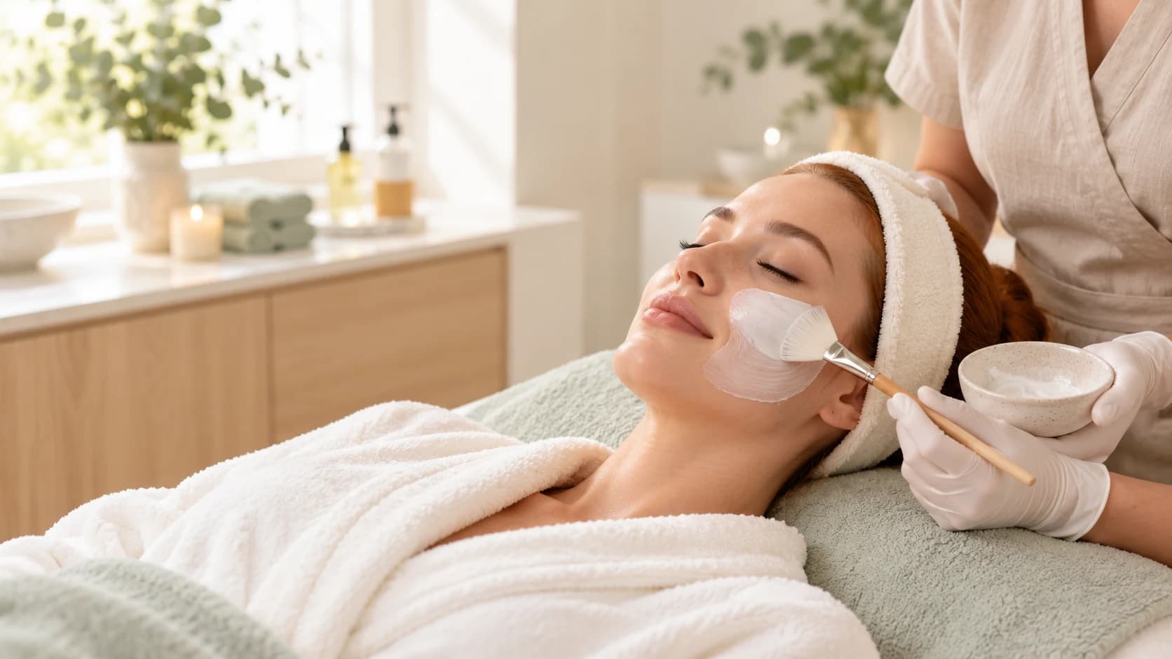 A woman with a face mask on a treatment bed in a calm salon