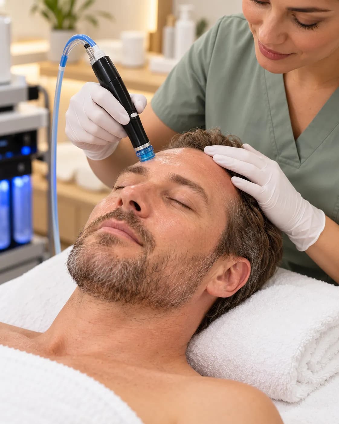 A man during a skin treatment with a hydradermabrasion device