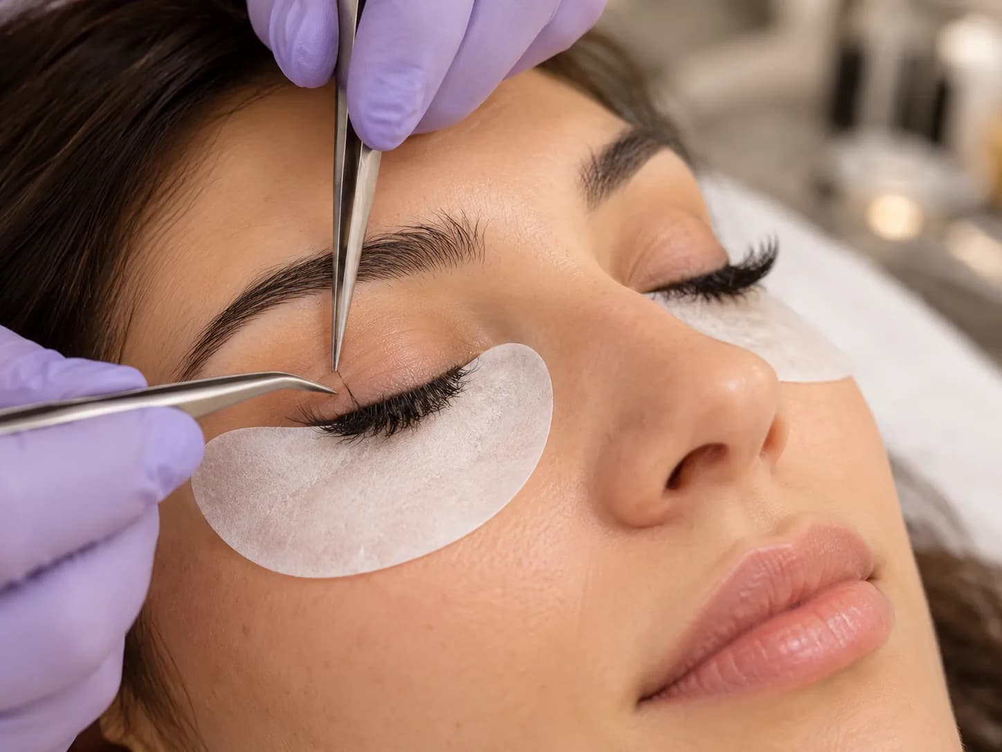 A close-up of lash care with tweezers and pads under the eyes