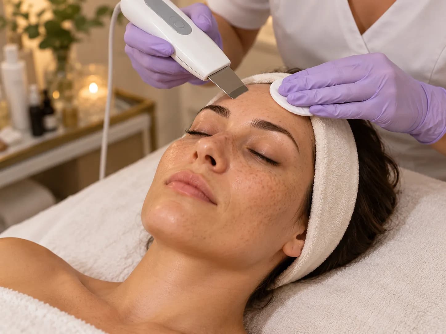 Ultrasonic facial cleansing in purple gloves