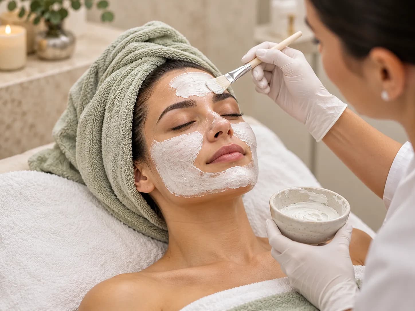 A client in a green turban with a face mask
