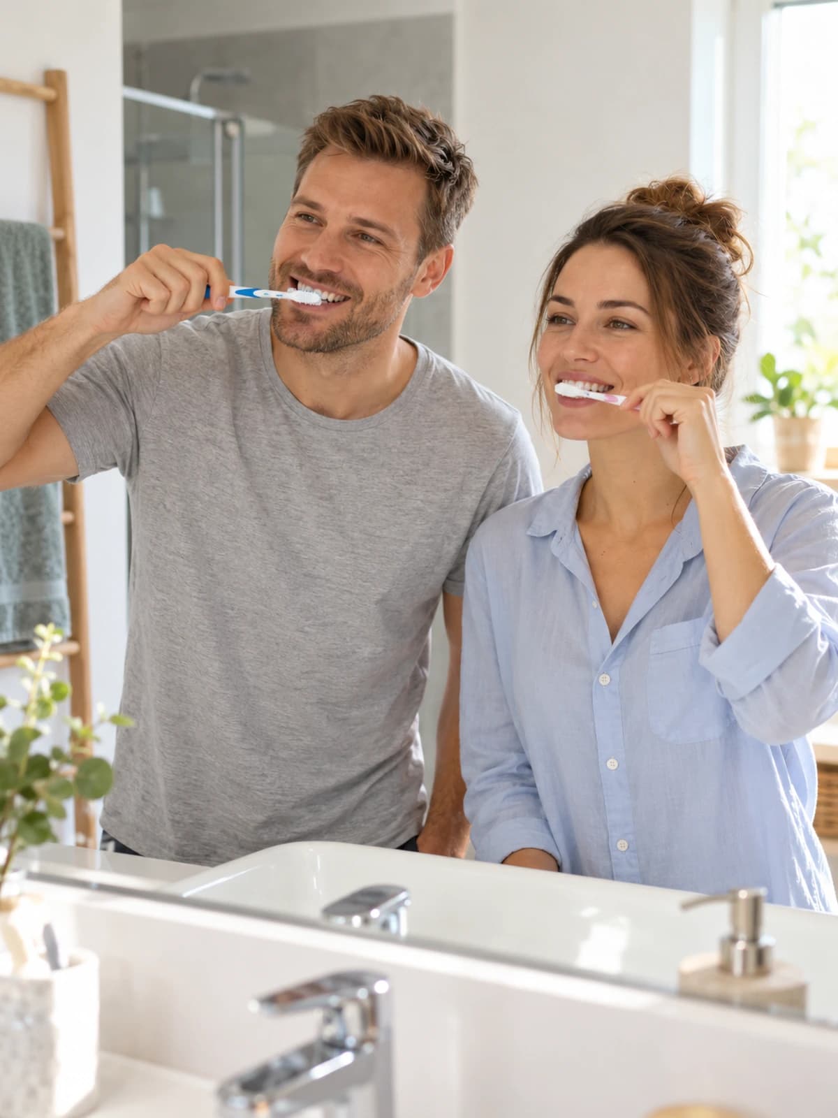 A man and a woman brushing their teeth together at a mirror