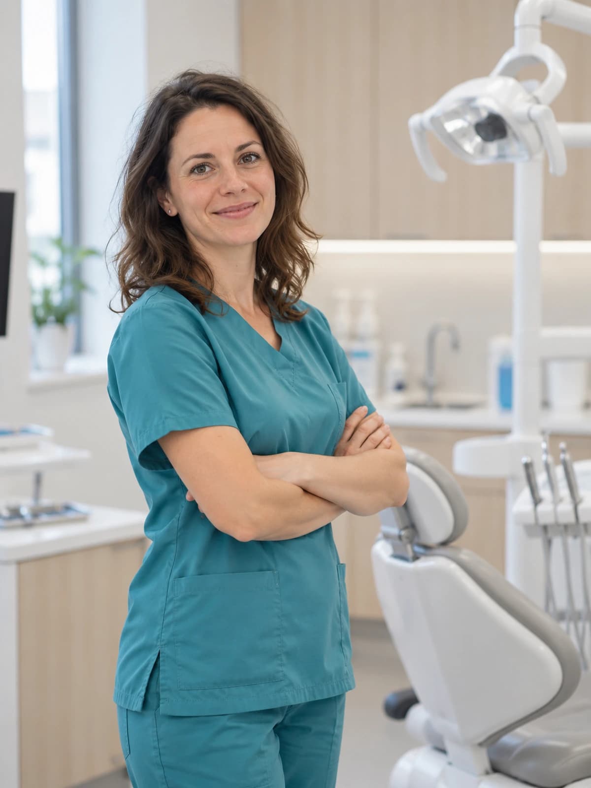 A hygienist in a turquoise uniform with crossed arms