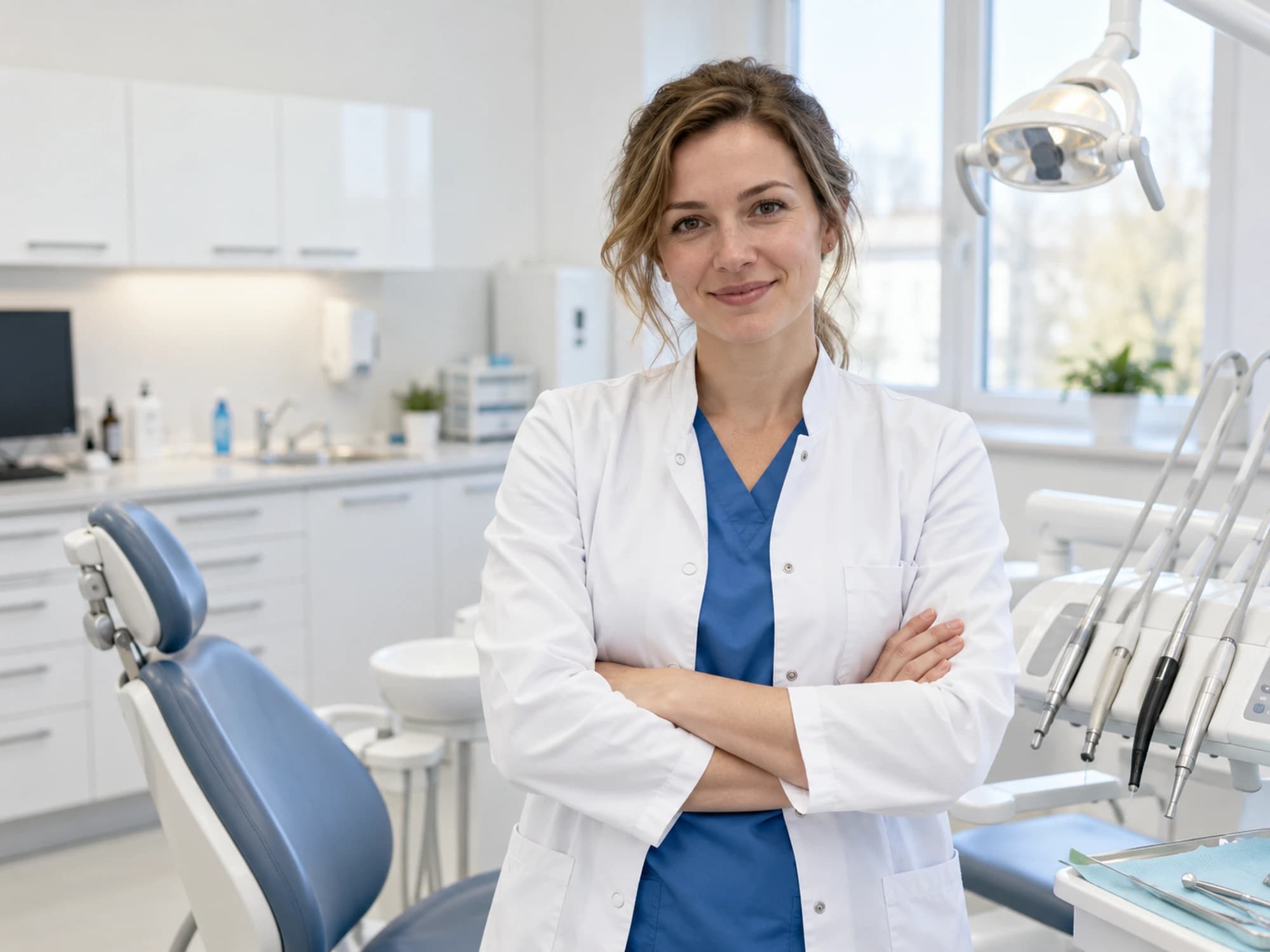 A hygienist in a white coat with crossed arms in the practice