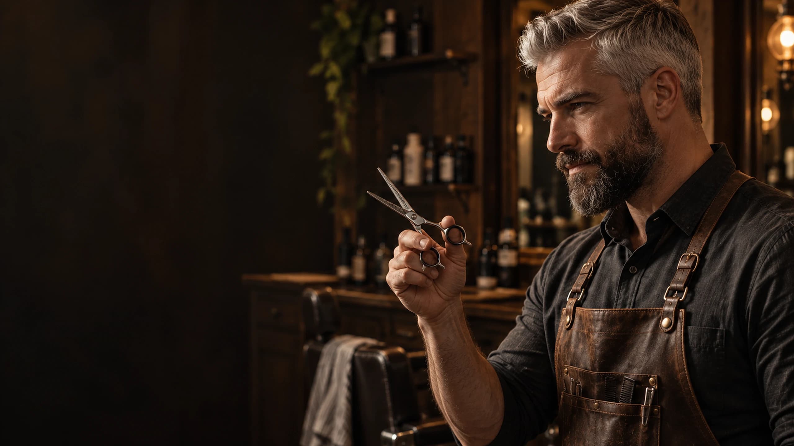A barber in a leather apron holding scissors at the mirror