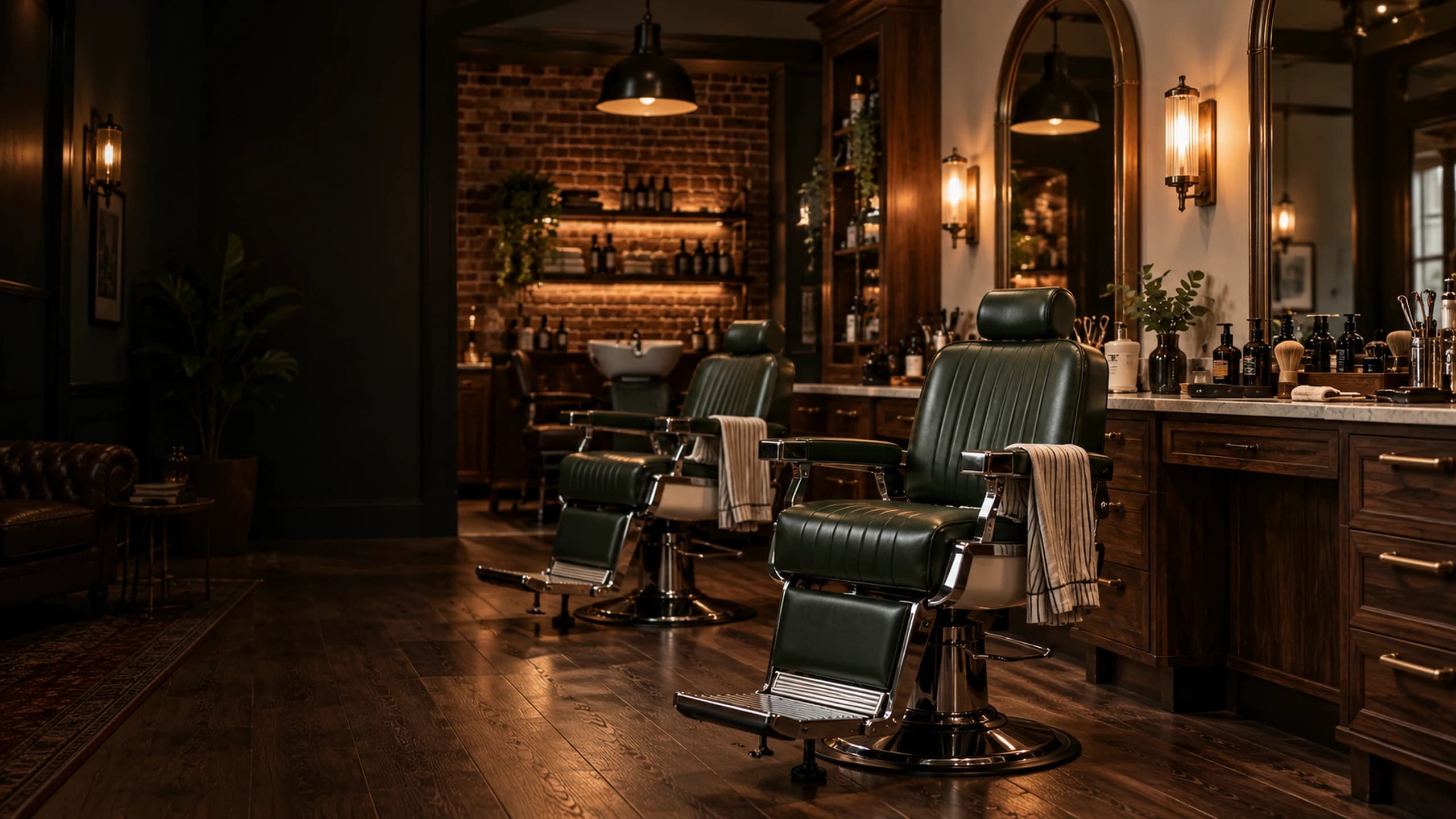 A classic barber shop with green leather chairs and a wooden floor