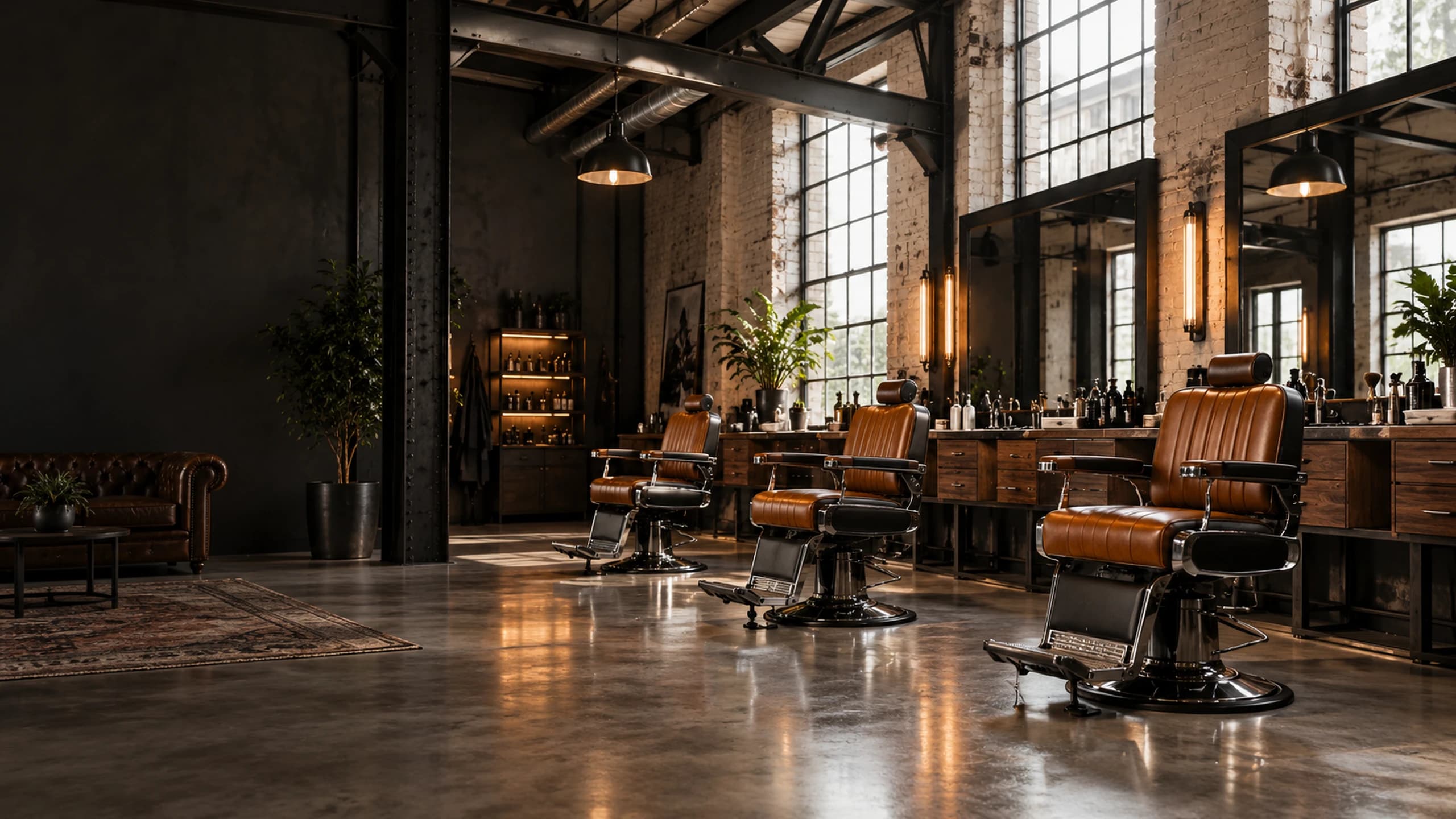 An industrial barber shop with brown leather chairs and large windows