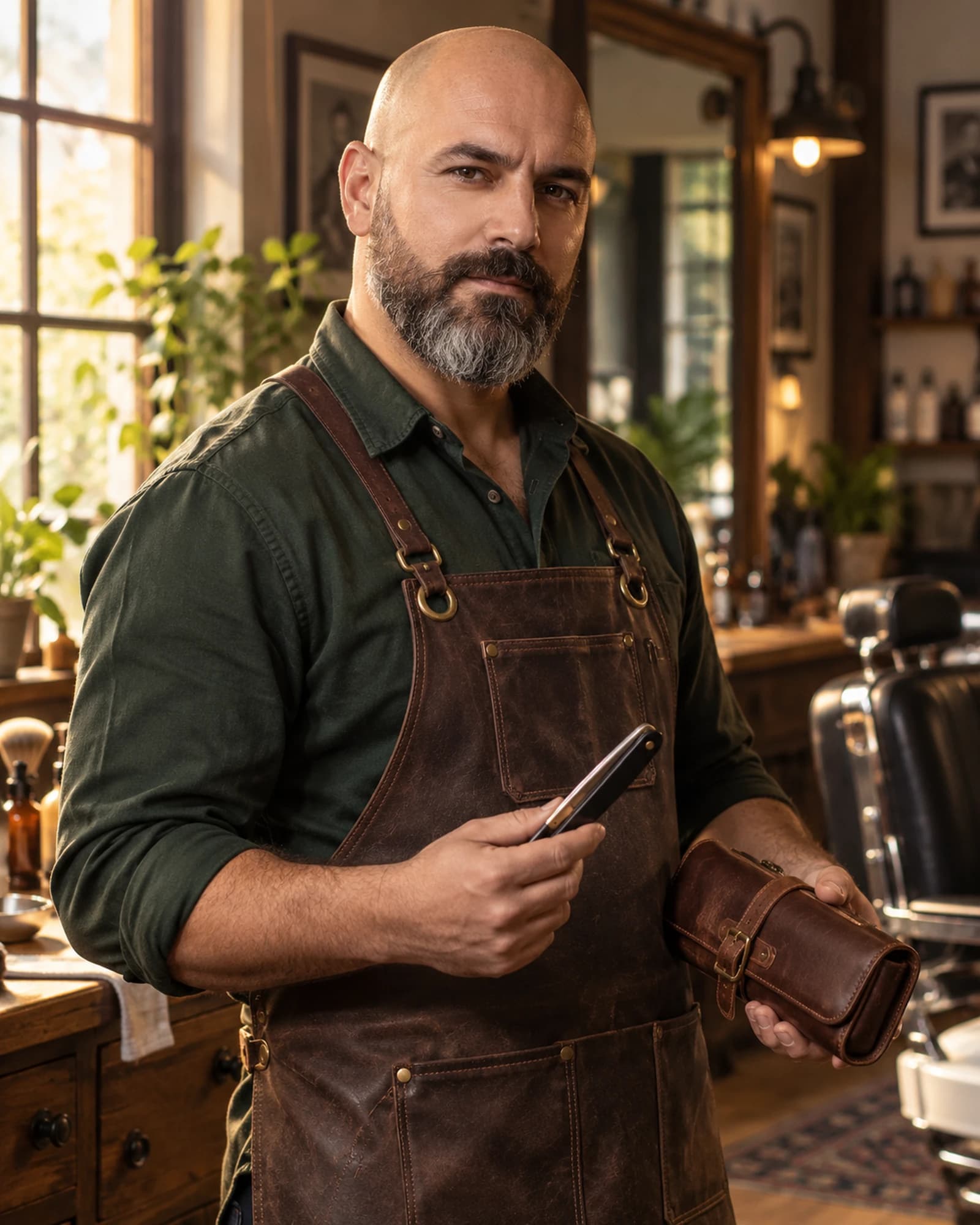A bald, bearded barber in a leather apron with a razor