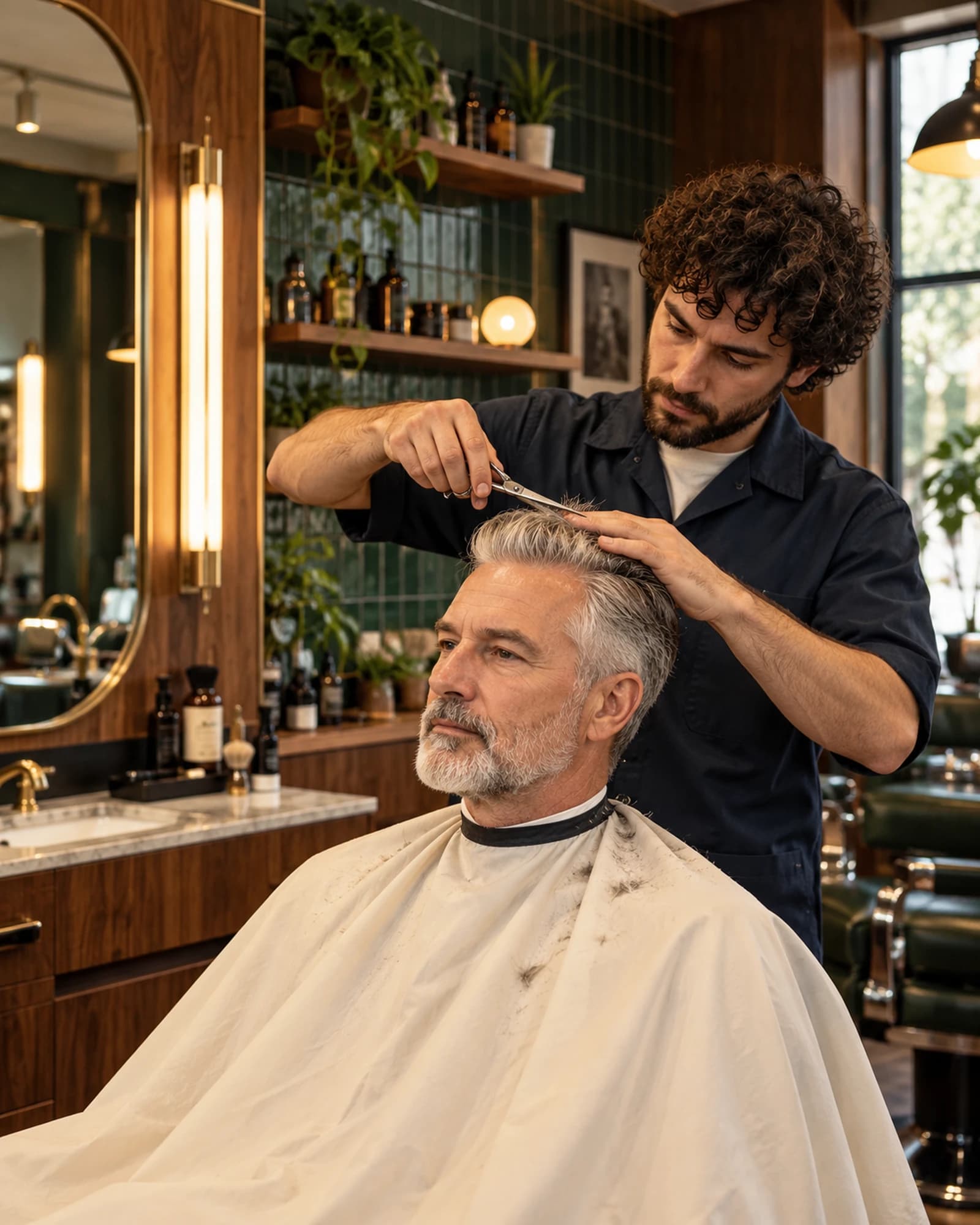 A barber cutting a gray-haired client's hair under a white cape