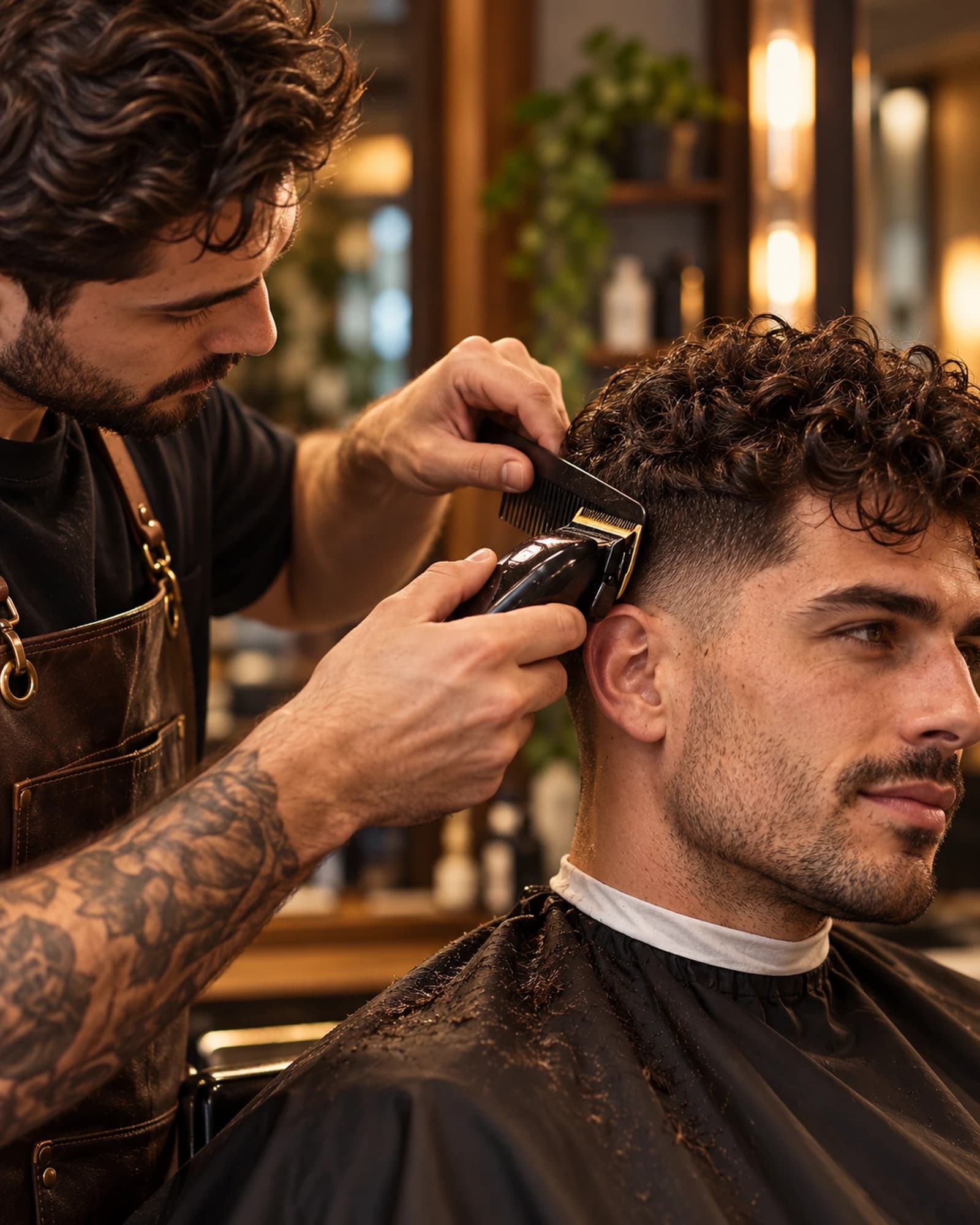 A barber finishing a fade with a clipper on a curly-haired client