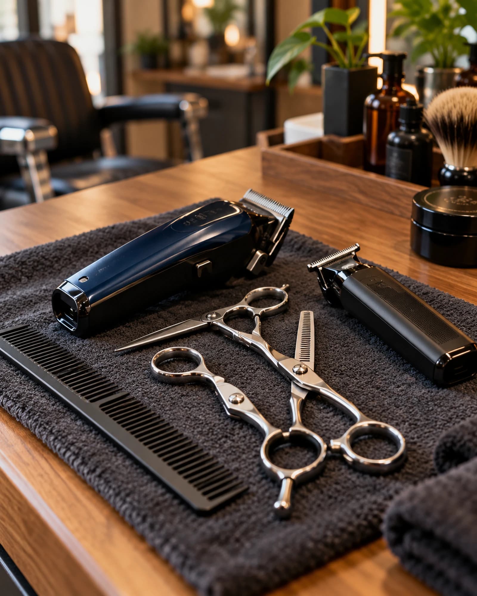A clipper, scissors and combs on a dark towel