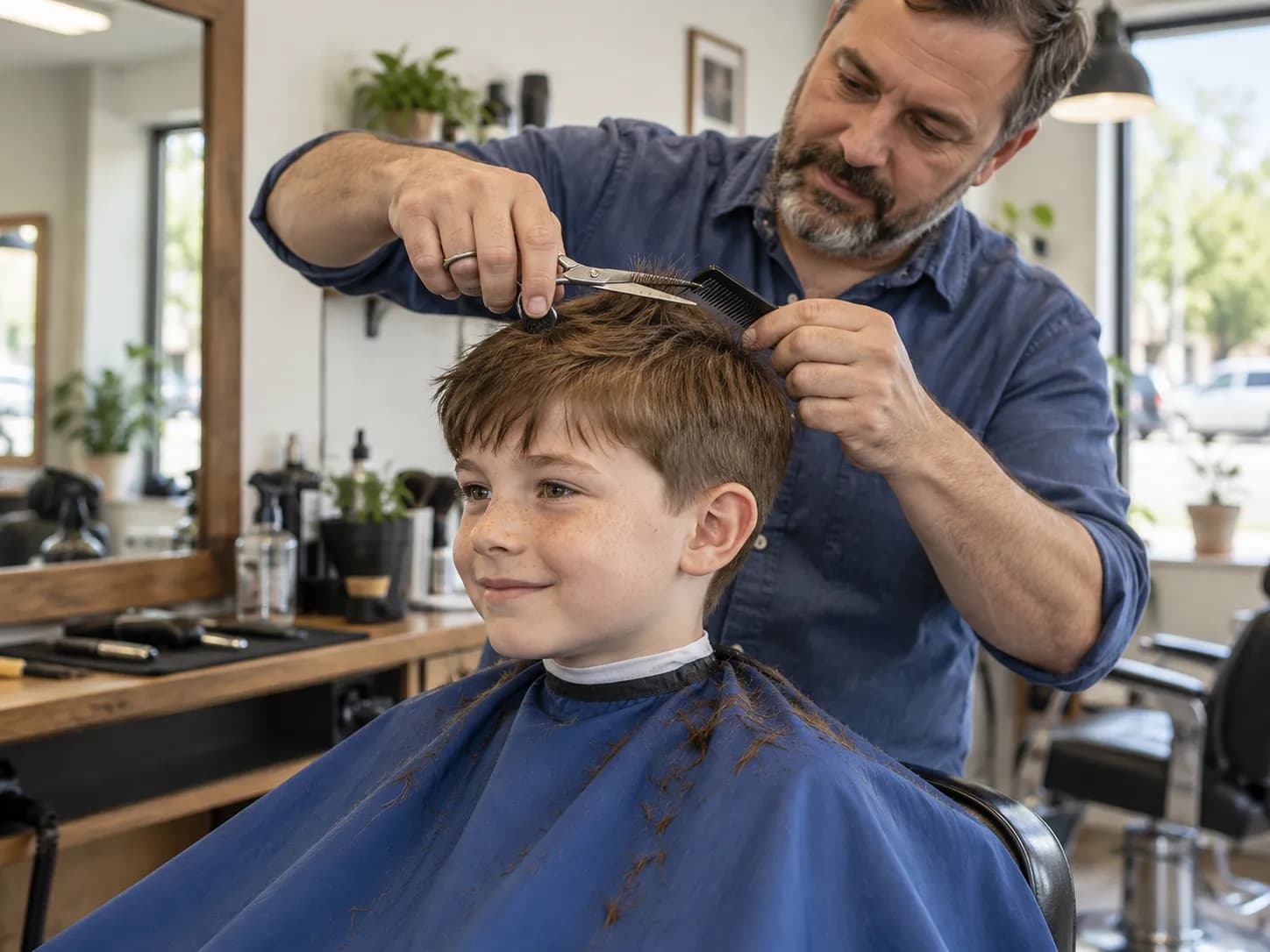 A barber cutting a smiling boy's hair with scissors