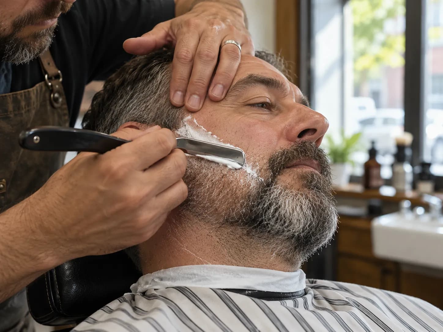 A close-up of a straight-razor shave