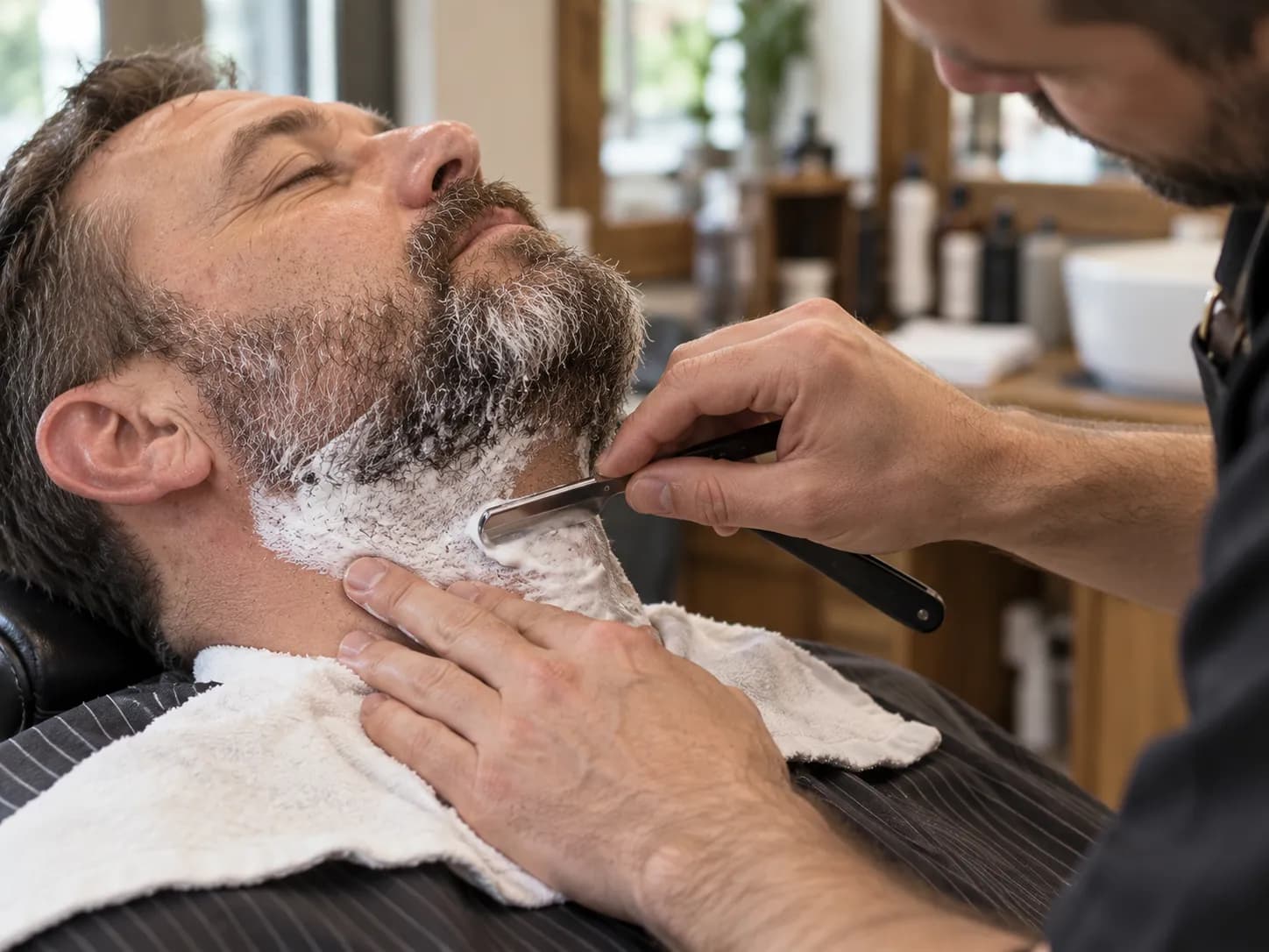 Shaving the neck with a razor after applying foam