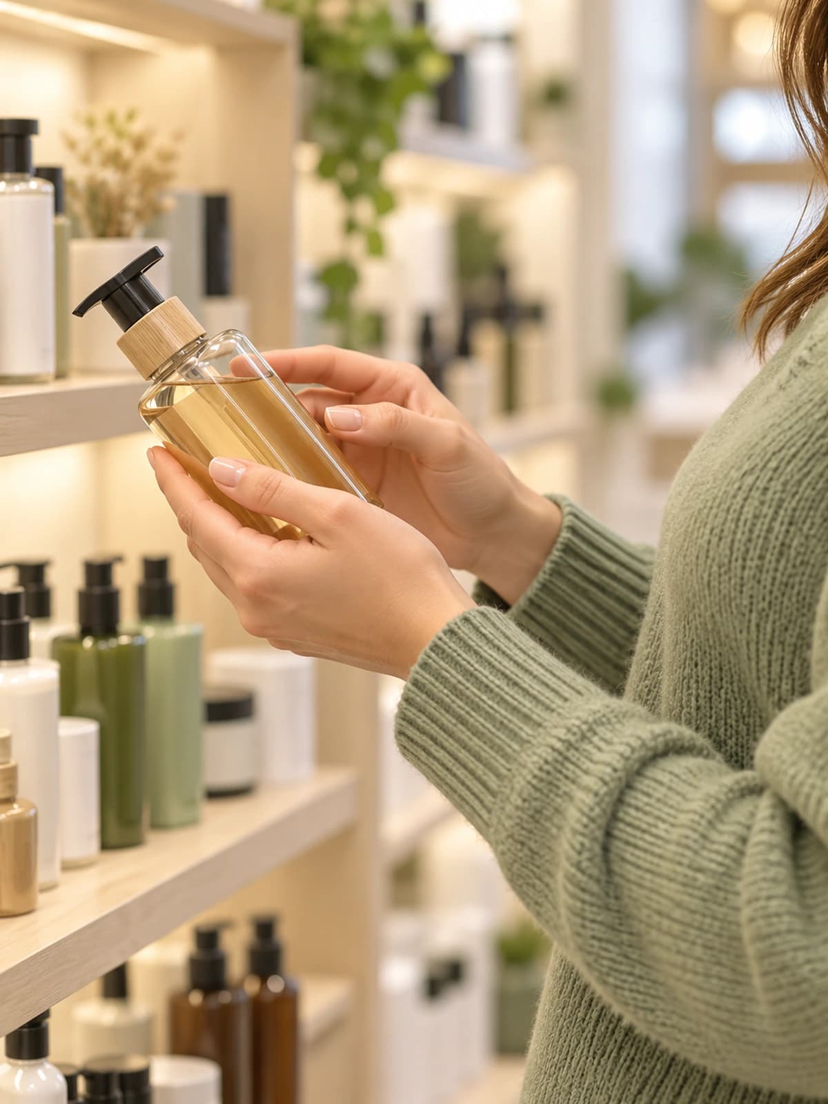 A woman choosing a bottle of hair care from a shelf