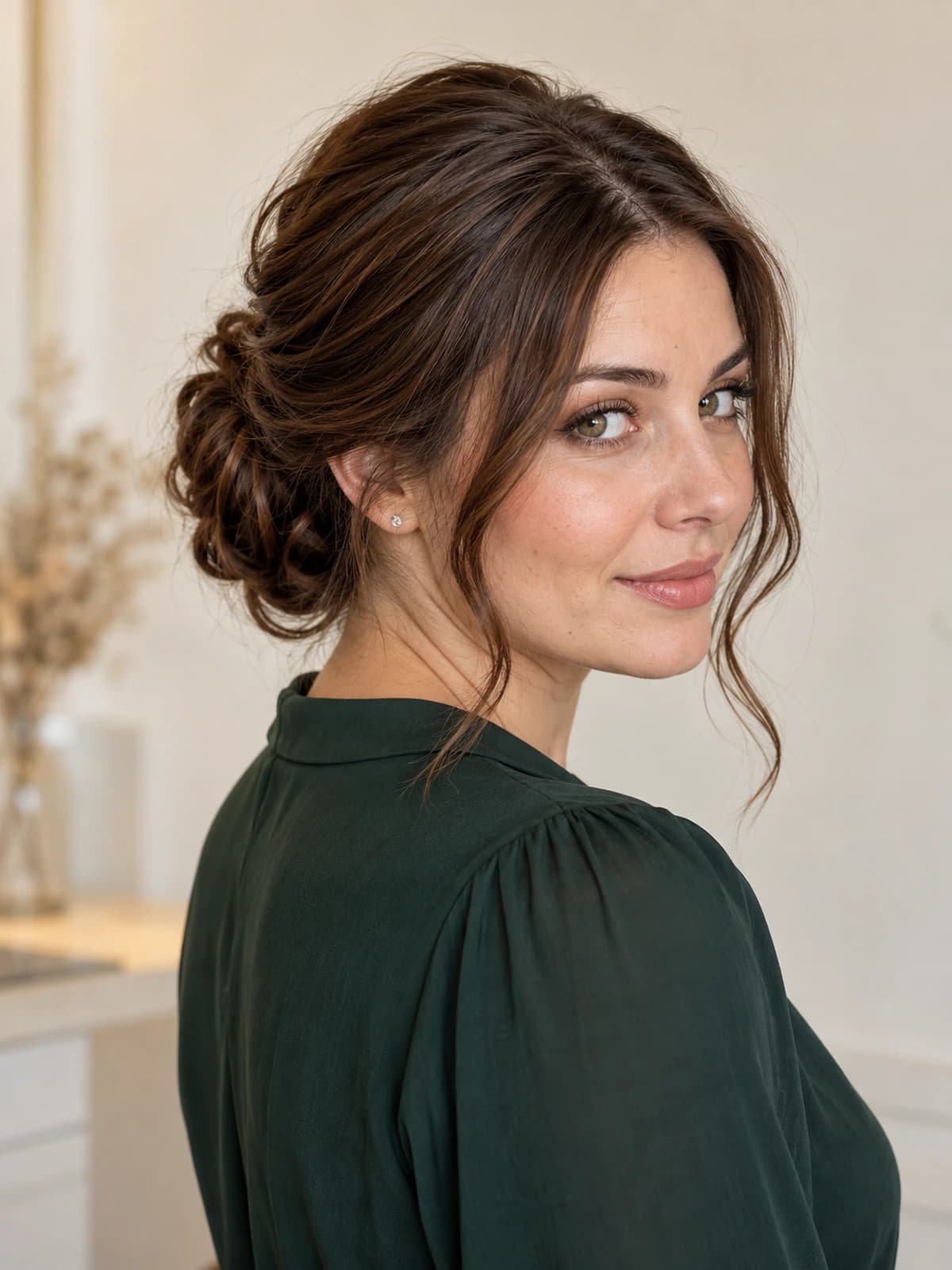A loose formal updo with strands around the face
