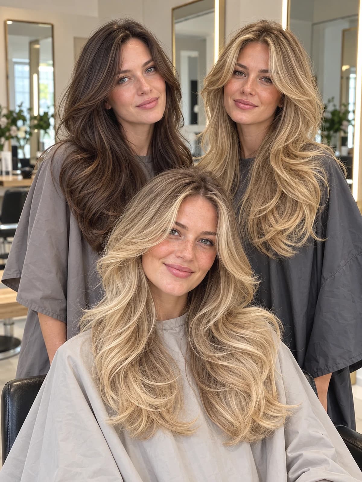 Three women with long wavy hairstyles in shades from brown to blonde