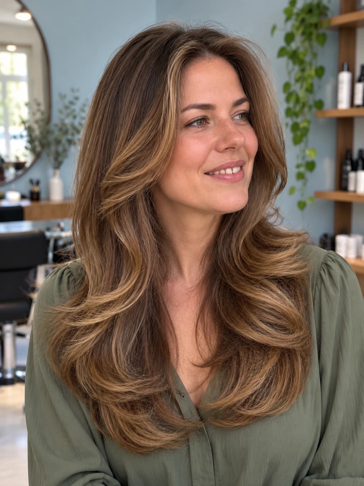 A voluminous blowout with caramel highlights