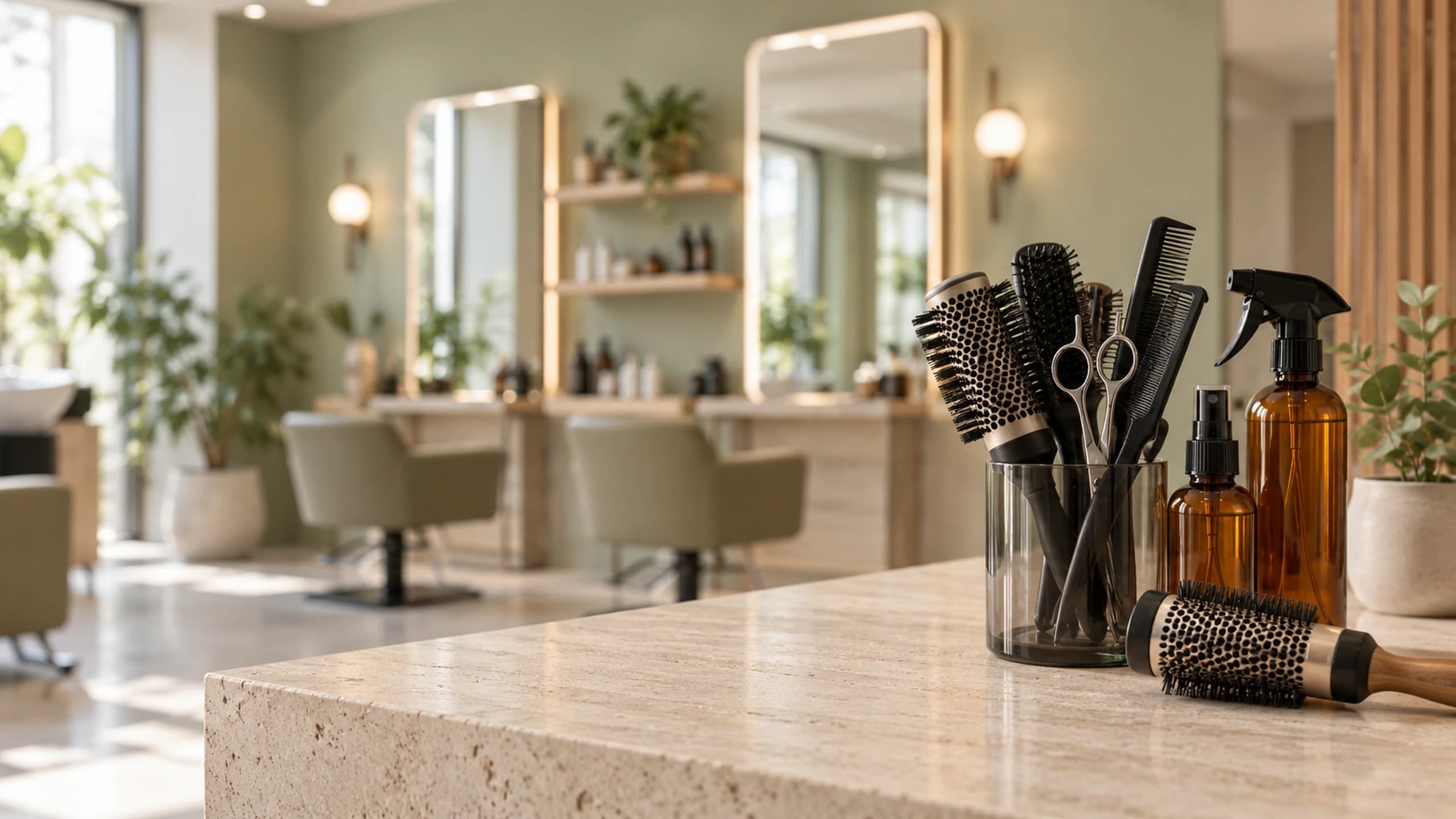 Brushes, combs and a spray bottle on a marble counter in a bright hair salon