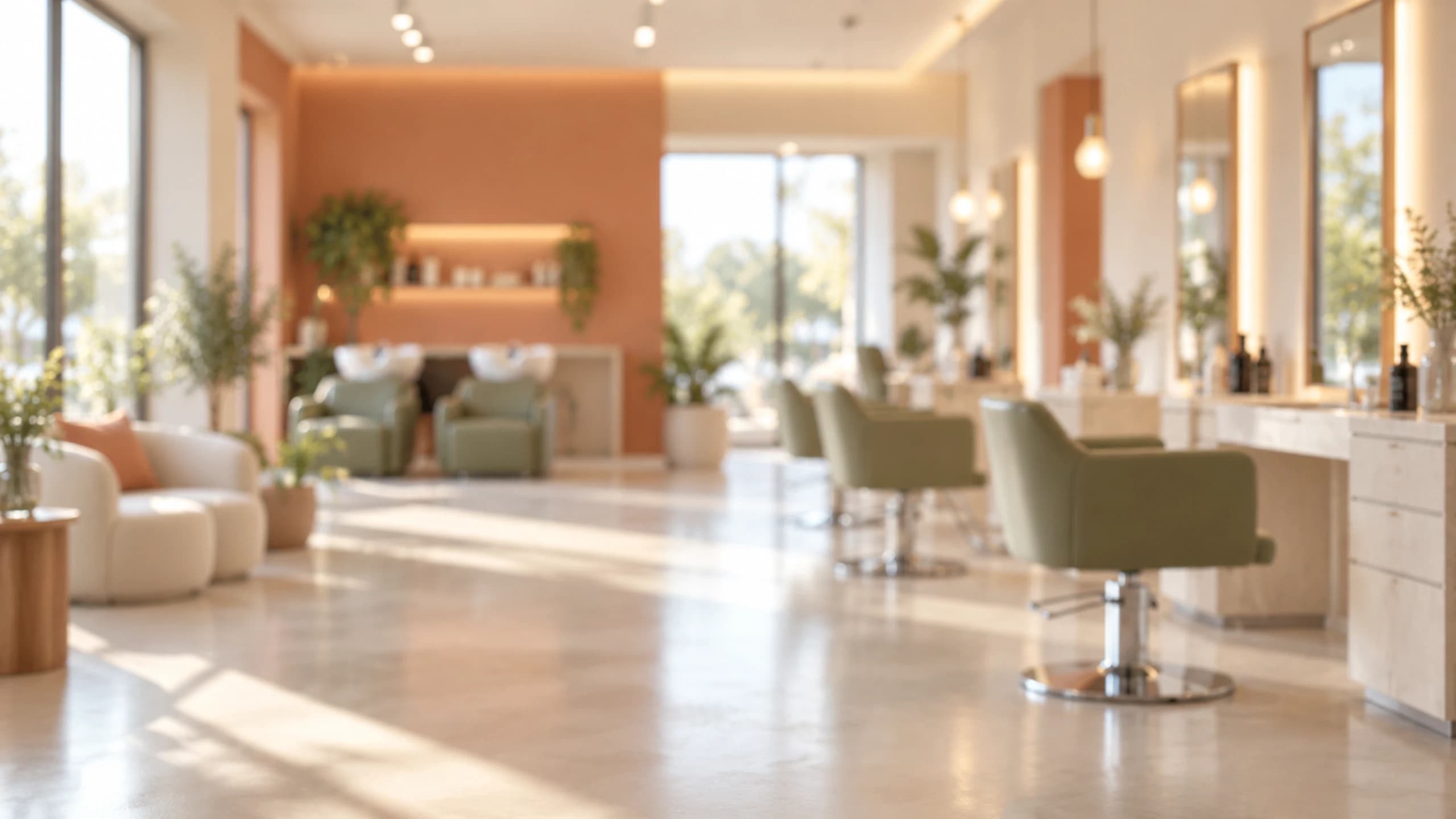 A spacious salon with an orange wall and green chairs