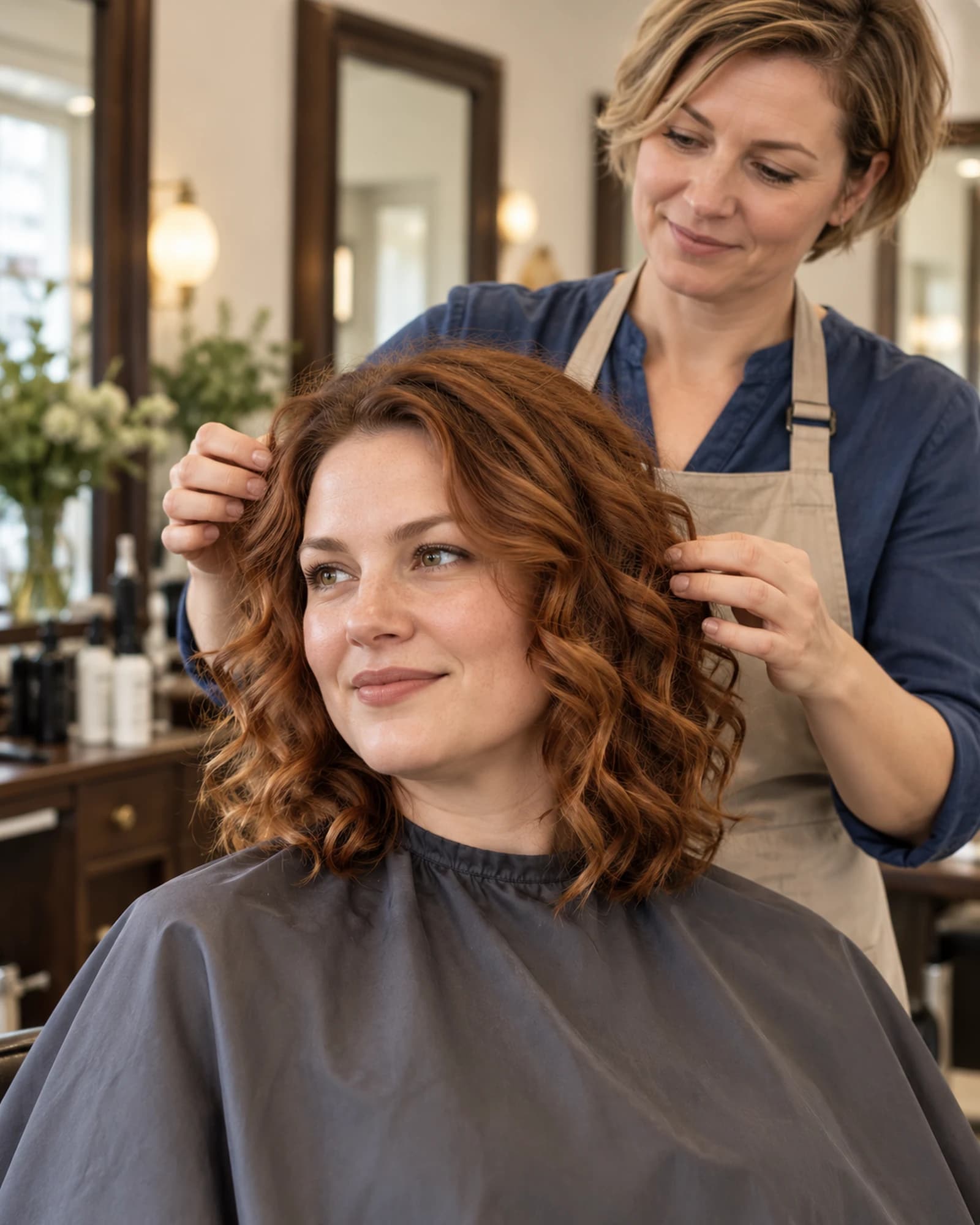 A redhead client with wavy hair and a stylist behind her