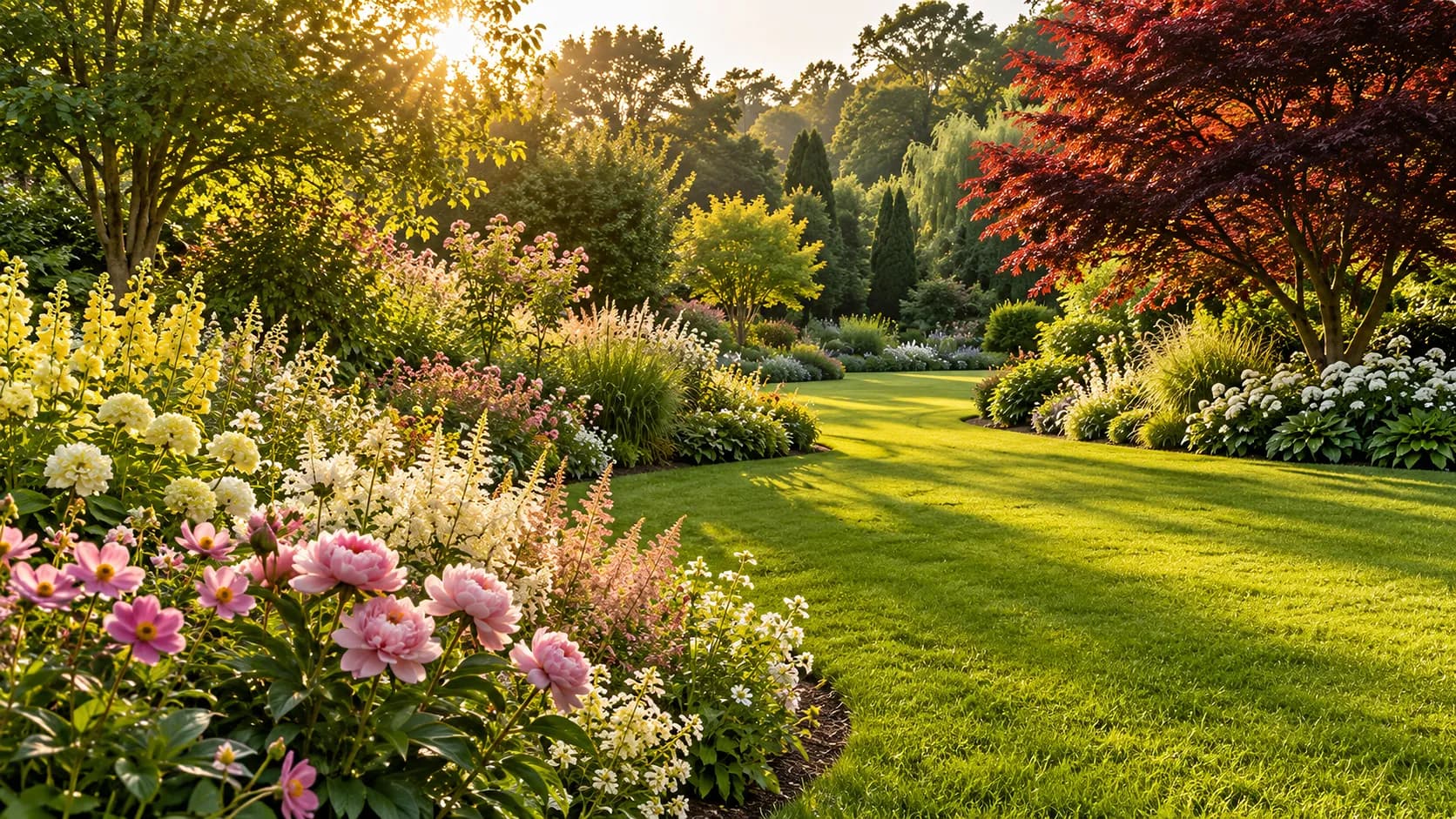 A garden with peonies, a lawn and a maple tree in afternoon light