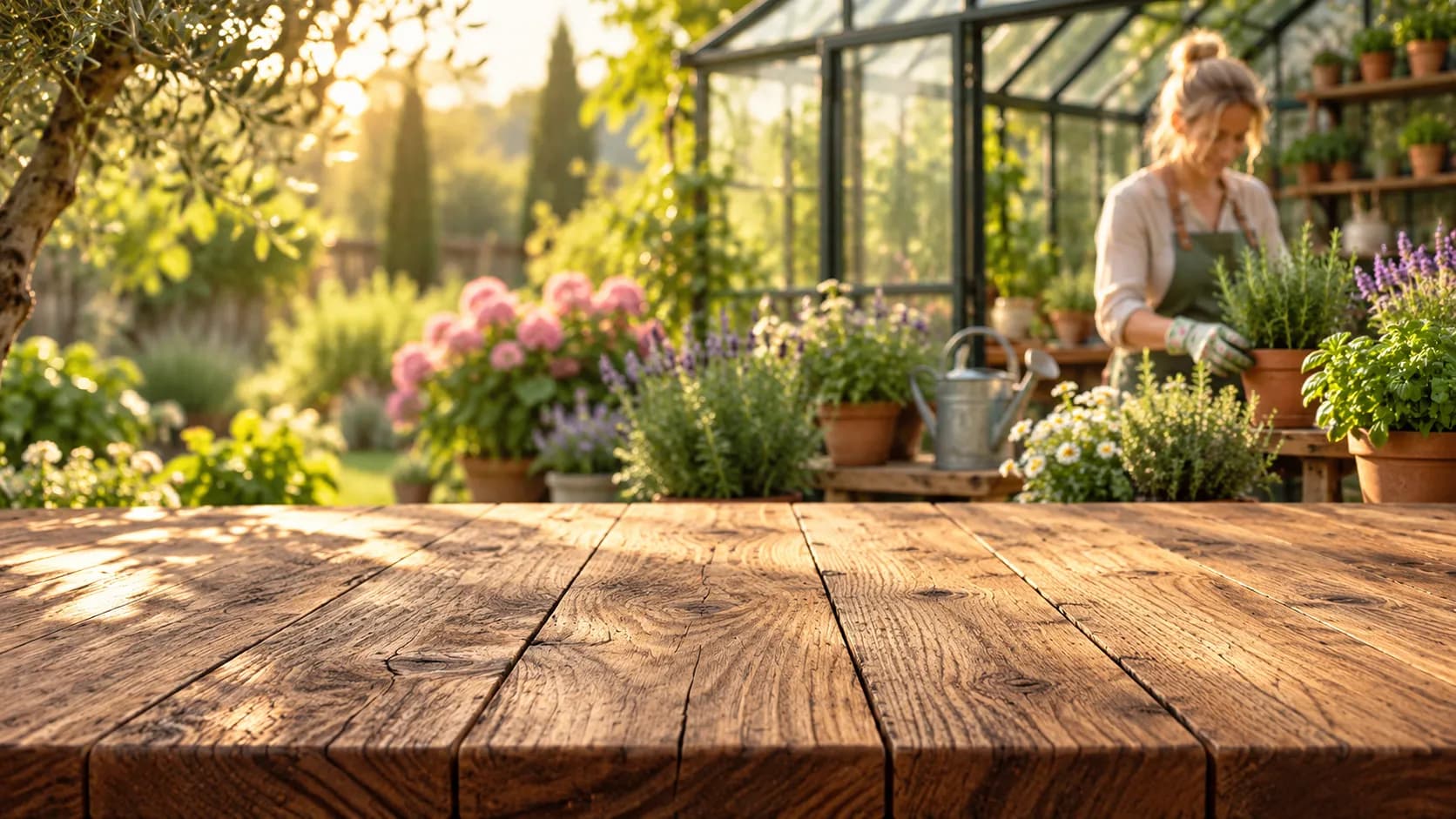A gardener with a watering can among planters in morning light, a wooden table in the foreground