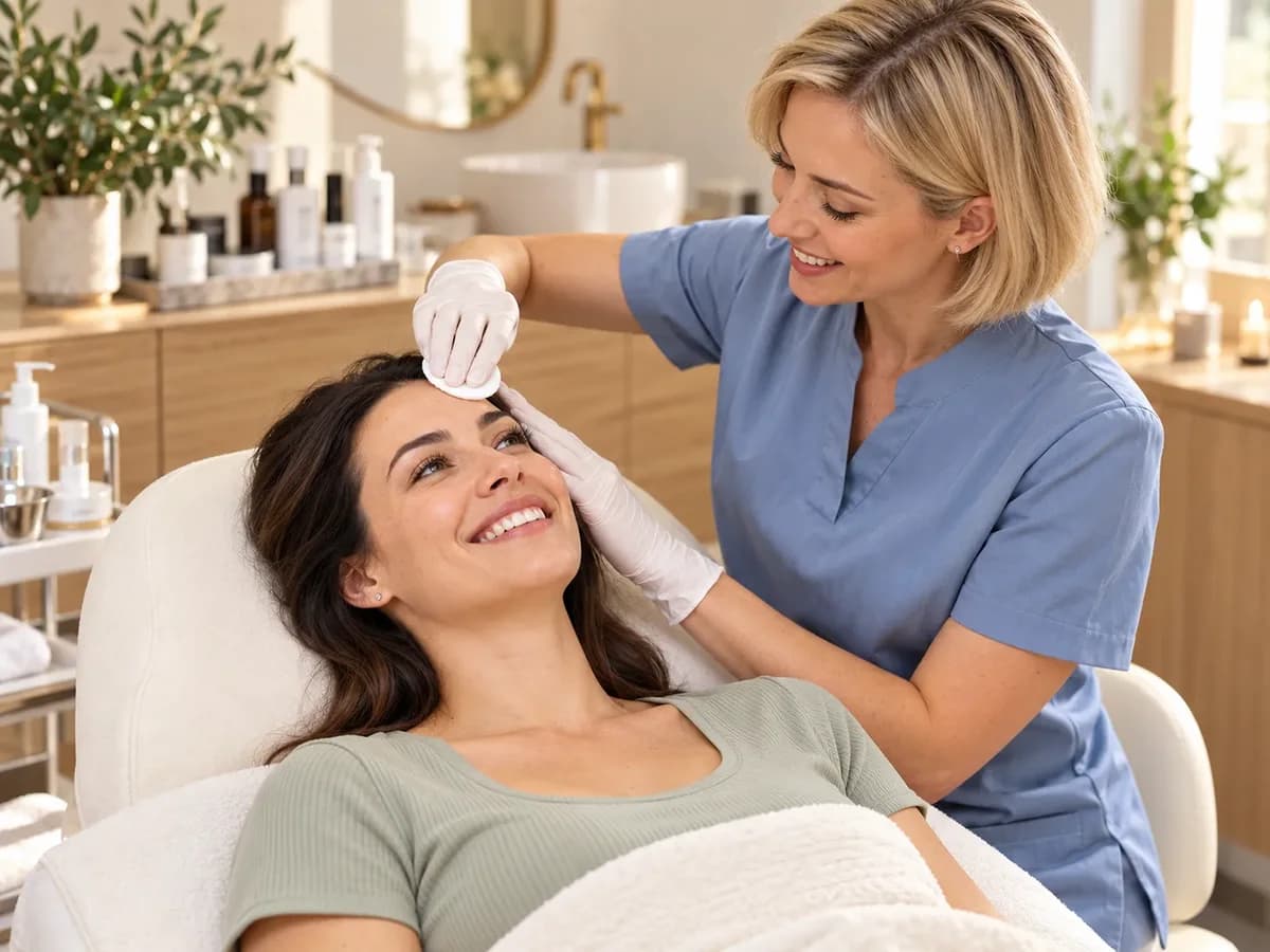 A smiling client during a facial treatment in a beauty studio