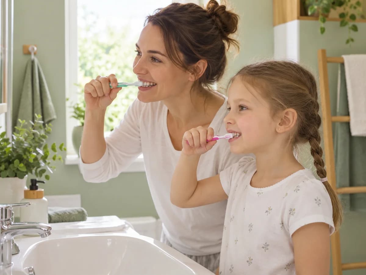 A mother and daughter brushing their teeth together