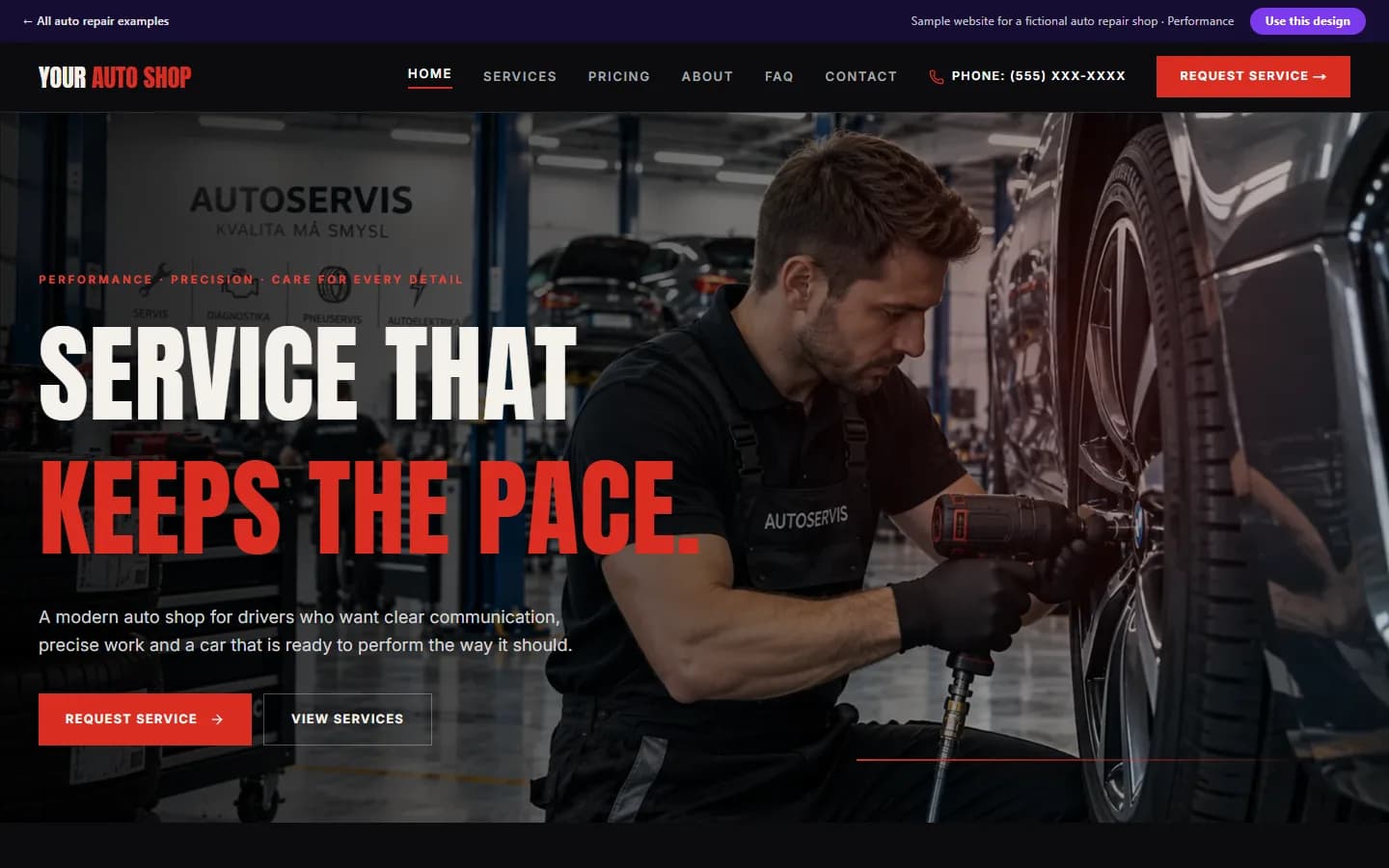 Preview of the auto repair sample website, Performance design
