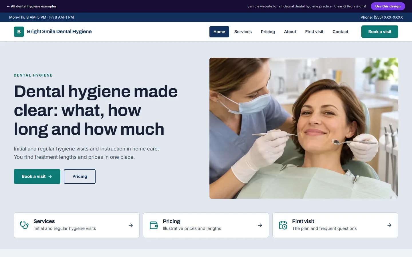 Preview of the dental hygiene sample website, Clear & Professional design