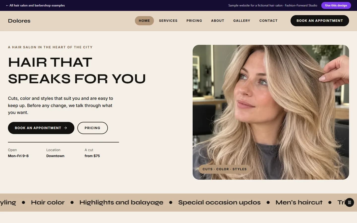 Preview of the hair salon sample website, Fashion-Forward Studio design