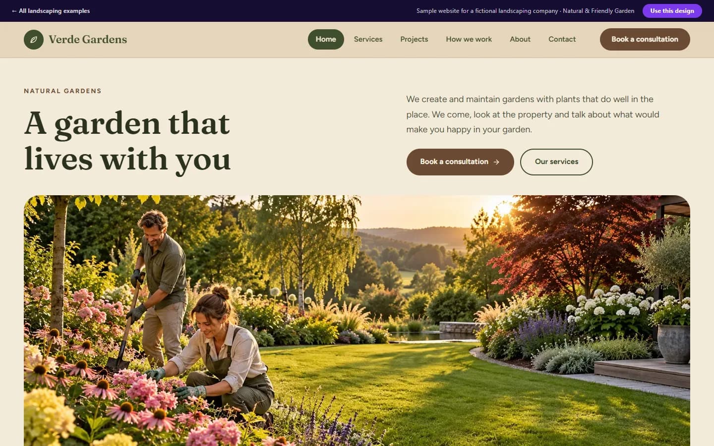 Preview of the landscaping sample website, Natural & Friendly Garden design
